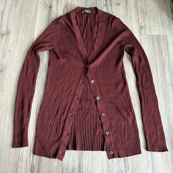 Vince Chocolate Brown Ribbed Knit Button-Up Cardigan Sz Large - Picture 1 of 8